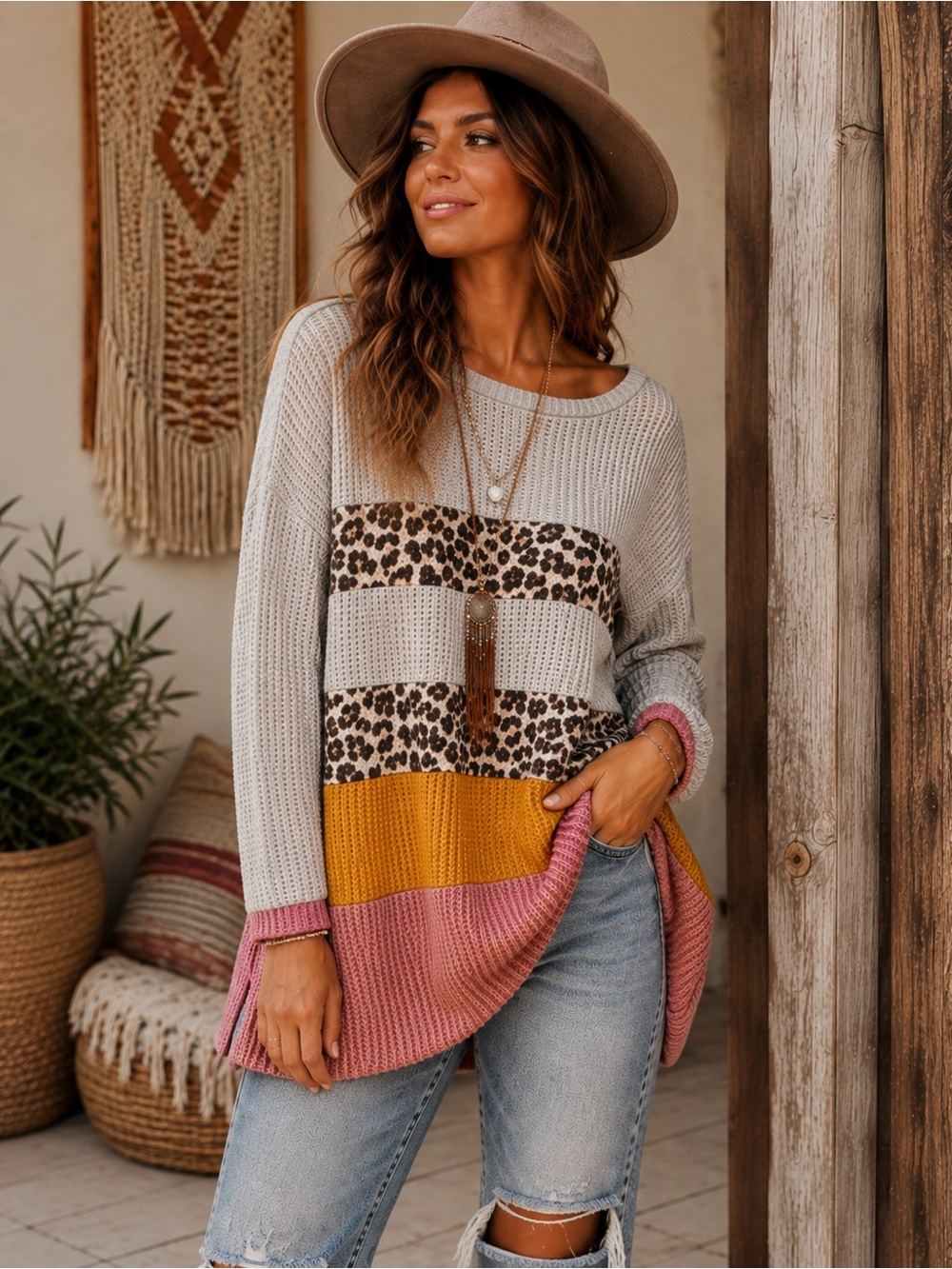 NWT Lovely Melody Colorblock Striped Leopard Print Oversized Sweater Chunky Knit